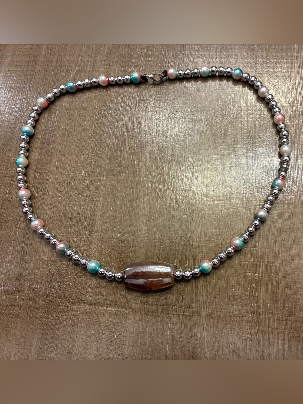 Handmade Multicolor Beaded Necklace with Brown Centerstone